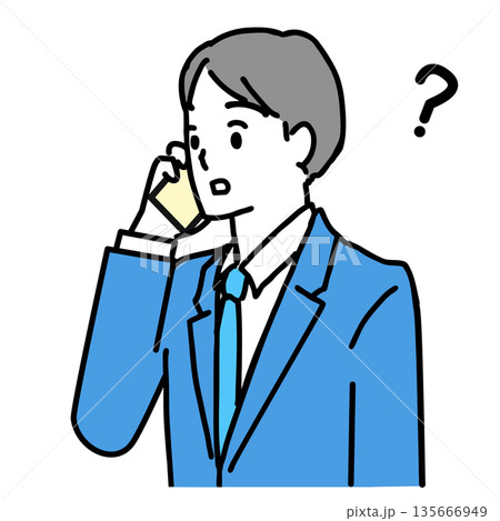 スマホで疑問に思うスーツ姿の男性のイラスト 135666949