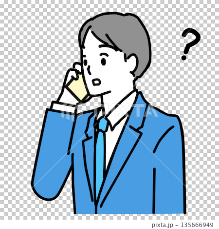 スマホで疑問に思うスーツ姿の男性のイラスト 135666949