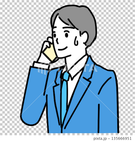Illustration of a young businessman sweating while talking on a smartphone Illustration of a young businessman sweating while talking on a smartphone 135666951