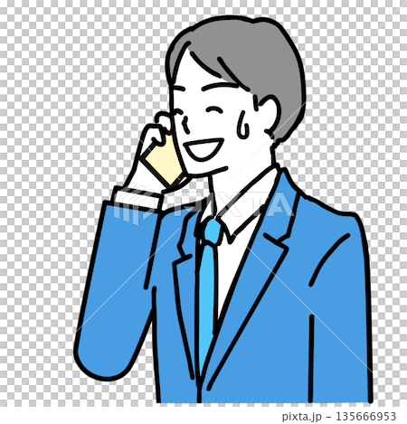 Illustration of a young businessman smiling and calling on his smartphone Illustration of a young businessman smiling and calling on his smartphone 135666953
