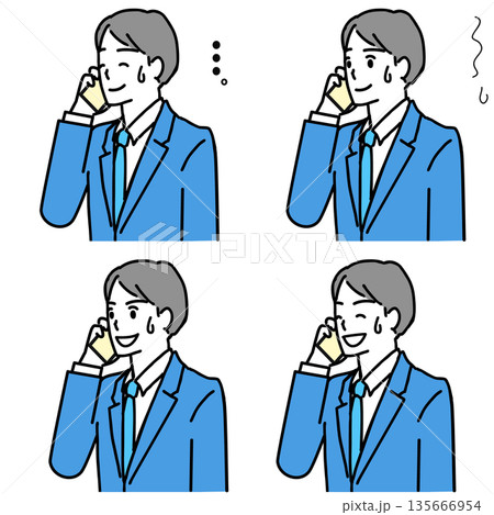 困った表情でスマホで電話する若いサラリーマンのイラストセット 困った表情でスマホで電話する若いサラリーマンのイラストセット 135666954