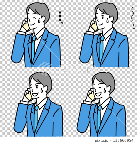 困った表情でスマホで電話する若いサラリーマンのイラストセット 困った表情でスマホで電話する若いサラリーマンのイラストセット 135666954
