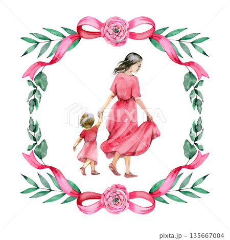 Watercolor illustration of a mother and daughter in red dresses walking together, holding hands. They are framed by a square wreath of green leaves, pink ribbons, and ranunculus flowers 135667004