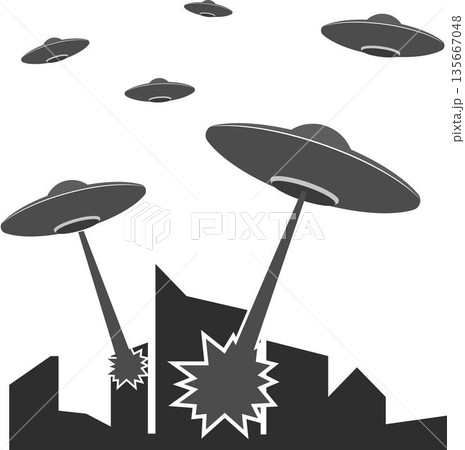 Flying saucers attack the city at night. 135667048