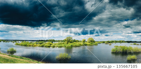 Countryside Landscape During Spring Flood Floodwaters. Bold Bright Blue Sky Above Nature Landscape During Spring Flood. Amazing Reflections In River. Musical Calmness Concept. Tranquil View 135667105