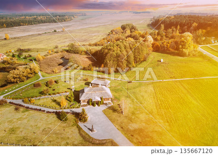 Kosava, Belarus. Aerial Bird's-eye View On Memorial Museum-estate Of Tadeusz Kosciuszko. Famous Popular Historic House Andrew Thaddeus Bonaventure Kosciuszko. National Hero In Poland, Lithuania, USA 135667120