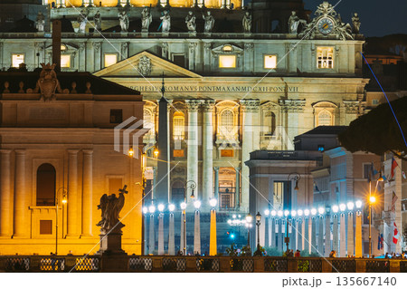 Rome, Italy. Papal Basilica Of St. Peter In The Vatican And Aelian Bridge In Evening Night Illuminations 135667140
