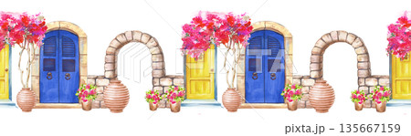 Seamless border with Greek architectural elements on an isolated background. Watercolor illustration with bright doors, stone arch and pink flowers in ceramic pots. Seamless template with traditional 135667159