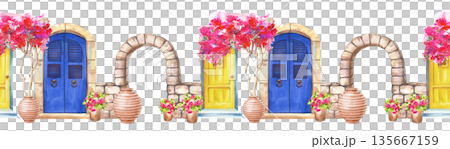 Seamless border with Greek architectural elements on an isolated background. Watercolor illustration with bright doors, stone arch and pink flowers in ceramic pots. Seamless template with traditional 135667159