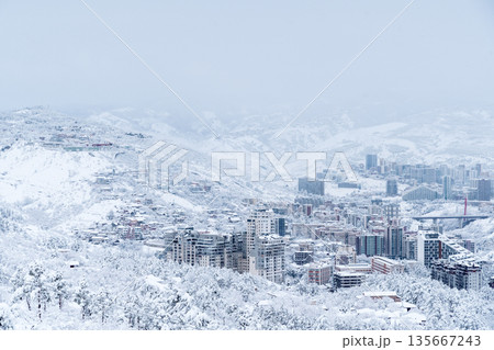 Tbilisi Winter Cityscape Under Heavy Snow and Cold Sky 135667243