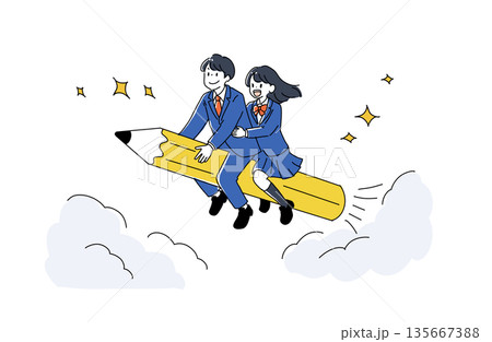 鉛筆のロケットに乗って空を飛ぶ学生のイラスト　受験合格と未来への飛躍　ベクター素材 135667388