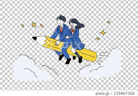 鉛筆のロケットに乗って空を飛ぶ学生のイラスト　受験合格と未来への飛躍　ベクター素材 135667388