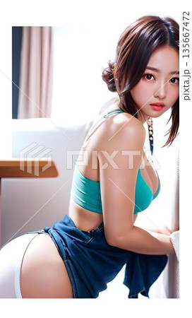 部屋でくつろぐ若い女性 135667472