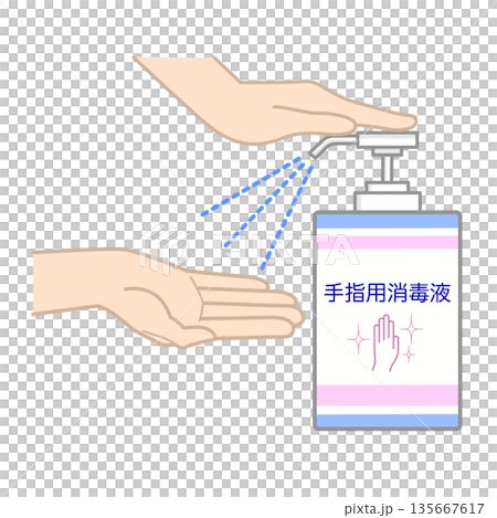 手指用消毒液を使っているイメージ図2 手指用消毒液を使っているイメージ図2 135667617