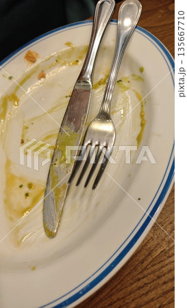 Empty plate with knife and fork showing traces of sauce after a finished meal on a wooden table. The image represents completed dining, satisfaction, minimalism, and the end of a food experience 135667710