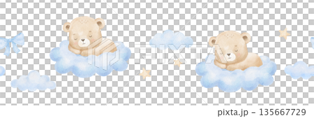 Seamless border with cute watercolour sleeping bear with stars. Baby hand painted repeating design 135667729