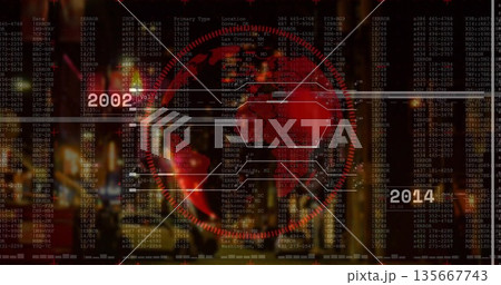 Red digital globe rotating in HUD interface, with hexagonal panels error codes 2002-2014 markers Red digital globe rotating in HUD interface, with hexagonal panels error codes 2002-2014 markers 135667743