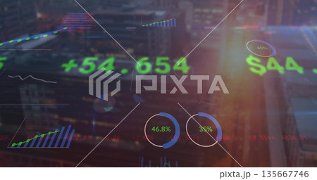 Financial data overlay floating in city skyline at dusk, with numeric values and charts 135667746