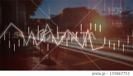 Displaying white line chart overlay with candlestick bars and numeric labels on city street at dusk 135667753