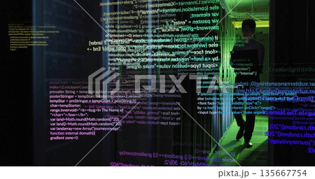 Walking Asian IT engineer navigating data center aisle blinking LEDs projecting code, copy space 135667754