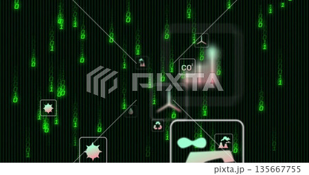 Displaying eco icons from CO?-label to sunburst shapes over dashboard amid binary digits Displaying eco icons from CO?-label to sunburst shapes over dashboard amid binary digits 135667755