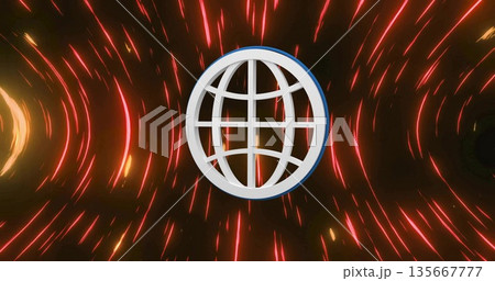 Floating metallic globe grid icon outlined in blue inside digital vortex, emitting light streaks 135667777