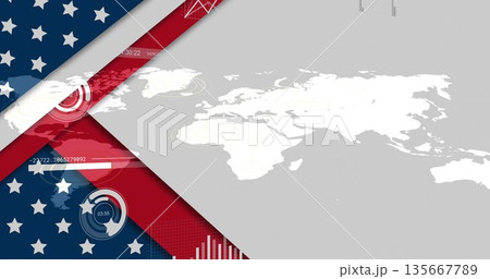 White world map occupying right half in digital interface, with data overlays and flag motifs White world map occupying right half in digital interface, with data overlays and flag motifs 135667789