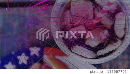 Showing white bowl holding iced drink on US flag, magenta-purple streaks and scanlines, copy space 135667793