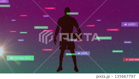Silhouette basketball player holding ball in purple-green space, with notifications and lens flare Silhouette basketball player holding ball in purple-green space, with notifications and lens flare 135667797