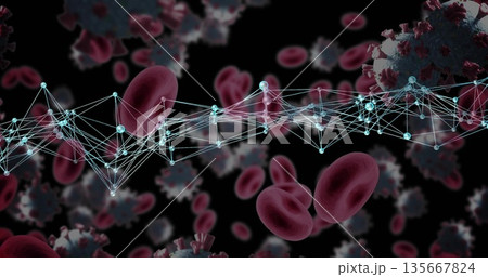 Displaying node mesh weaving through microscopic blood, with red blood cells and virus particles Displaying node mesh weaving through microscopic blood, with red blood cells and virus particles 135667824