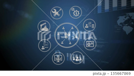 Displaying central network gear icon glowing on blue gradient, showing eight user and tool icons Displaying central network gear icon glowing on blue gradient, showing eight user and tool icons 135667869