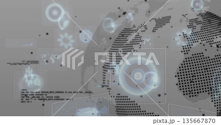 Displaying dotted globe spinning amid HUD panels in digital interface with data points, copy space Displaying dotted globe spinning amid HUD panels in digital interface with data points, copy space 135667870