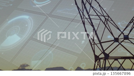 Dominating transmission tower in mountains, with power lines and floating UI overlays, copy space 135667896