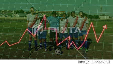 Linking arms players in soccer uniforms on pitch, showing ball, goalkeeper gloves and overlays 135667901