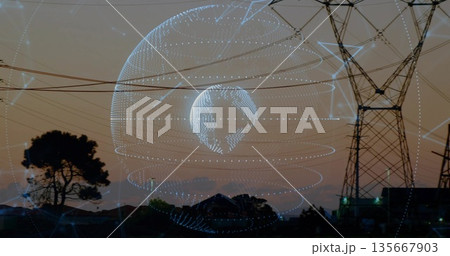 Projecting holographic globe rotating over suburban power corridor, with tower and network rings 135667903