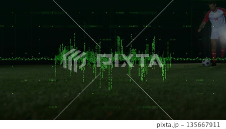 Soccer player in red-white kit dribbling soccer ball on pitch, with data waveform, copy space Soccer player in red-white kit dribbling soccer ball on pitch, with data waveform, copy space 135667911