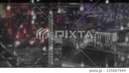 Cascading binary digits overlaying blurred neon cityscape at night, creating purple glitch effect 135667944