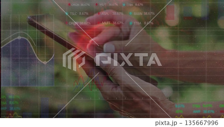 Tapping touchscreen device with mature woman's hands at desk, showing trading charts and grid lines Tapping touchscreen device with mature woman's hands at desk, showing trading charts and grid lines 135667996