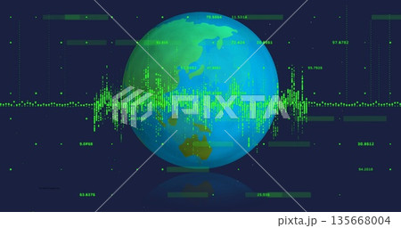 Displaying 3D globe pulsating with green waveform on dashboard, numeric labels and dot clusters Displaying 3D globe pulsating with green waveform on dashboard, numeric labels and dot clusters 135668004