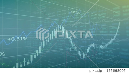 Displaying 3D chart illustrating candlestick bars, line graphs on platform, with percentage labels Displaying 3D chart illustrating candlestick bars, line graphs on platform, with percentage labels 135668005