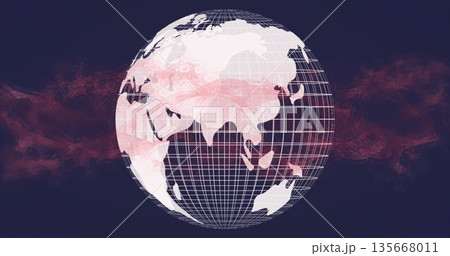 Displaying digital wireframe globe showing Asia and Australia on dark navy, with red haze effect Displaying digital wireframe globe showing Asia and Australia on dark navy, with red haze effect 135668011