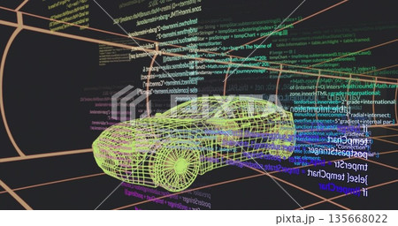 Floating neon-green wireframe sports car rotating in 3D grid space, with orange grid, colorful code Floating neon-green wireframe sports car rotating in 3D grid space, with orange grid, colorful code 135668022