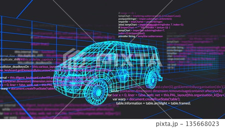 Displaying wireframe van model rotating within virtual 3D workspace, with floating code blocks Displaying wireframe van model rotating within virtual 3D workspace, with floating code blocks 135668023