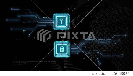 Displaying turquoise key and padlock icons linking circuits in security screen, binary map patterns Displaying turquoise key and padlock icons linking circuits in security screen, binary map patterns 135668024