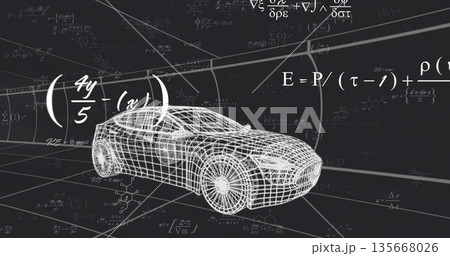 Rendering wireframe car floating inside grid-lined tunnel, displaying formulas, molecular diagrams Rendering wireframe car floating inside grid-lined tunnel, displaying formulas, molecular diagrams 135668026