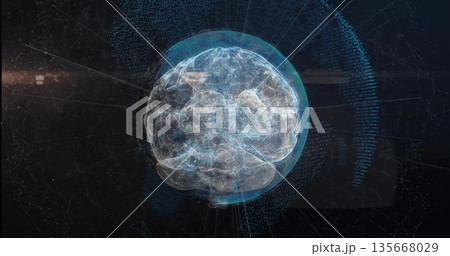 Floating holographic brain emitting data nodes on network lines in grid, radiating light streaks 135668029