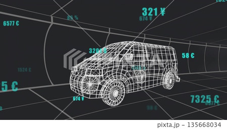 Displaying wireframe cargo van model within grid tunnel, with floating numeric currency symbols Displaying wireframe cargo van model within grid tunnel, with floating numeric currency symbols 135668034