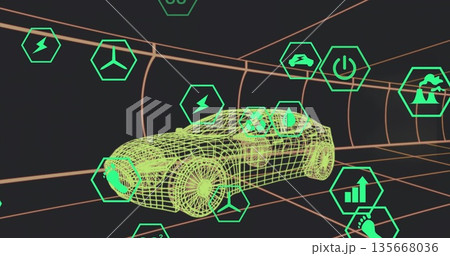 Showcasing wireframe car model gliding through 3D tunnel, with floating green hexagonal icons Showcasing wireframe car model gliding through 3D tunnel, with floating green hexagonal icons 135668036