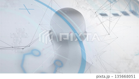 Displaying white 3D head sculpture facing away in visualization, with blue arcs and network lines 135668051