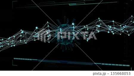 Displaying virus particle overlaying glowing node network on analysis dashboard with UI elements Displaying virus particle overlaying glowing node network on analysis dashboard with UI elements 135668053